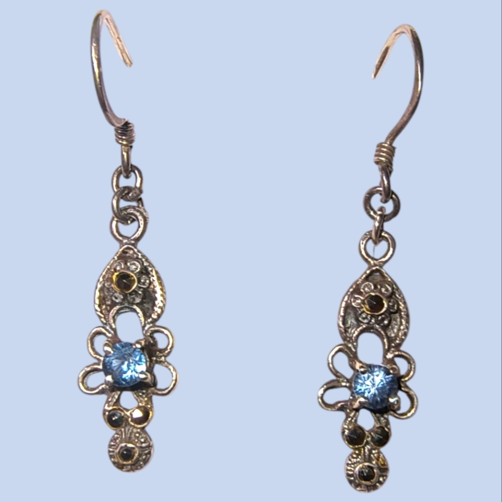 Vintage Blue Spinel And Marcasite In Sterling Silver Dangle Earrings